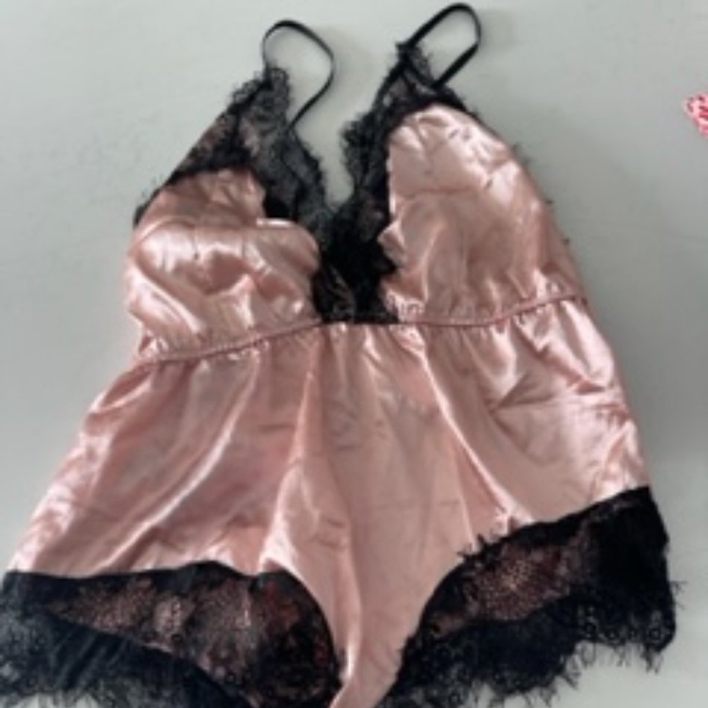 Pink and black lace chemise